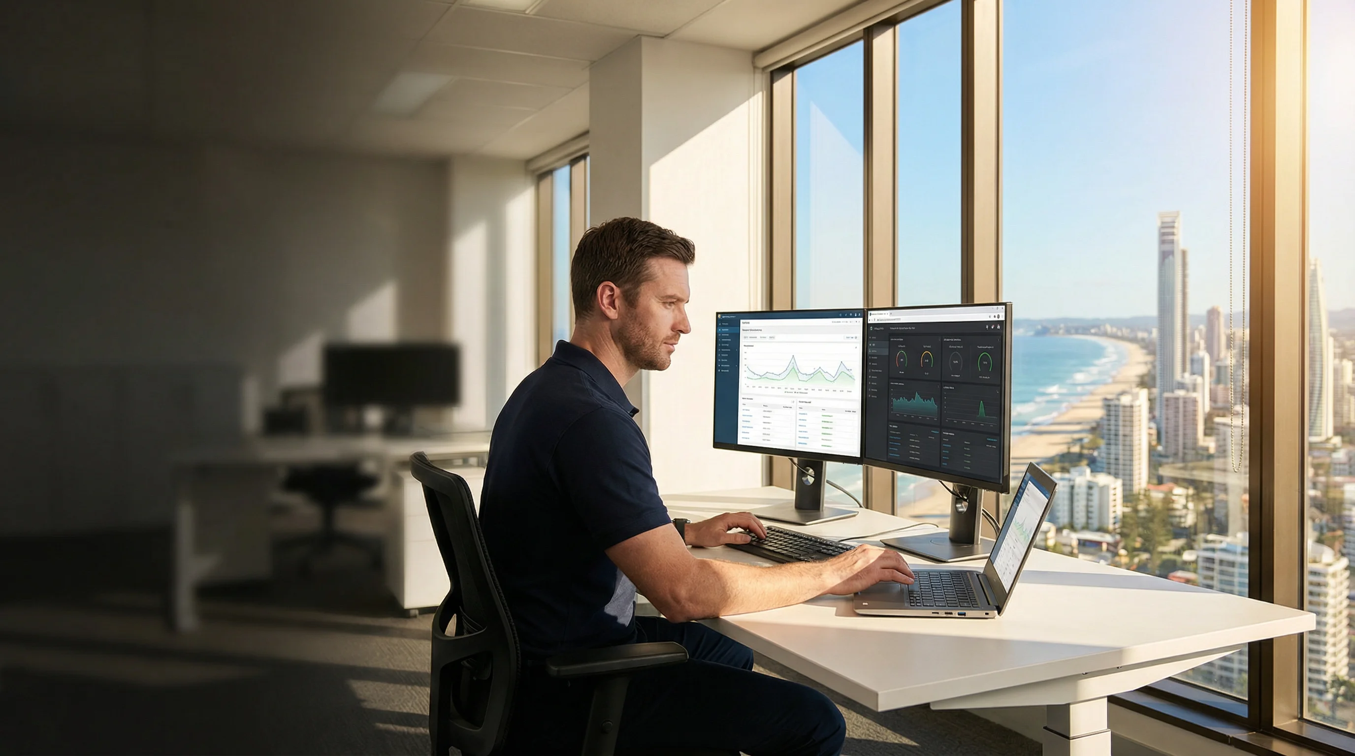 A bcom ICT client working at a dual-screen desk in a Gold Coast office, with the Surfers Paradise skyline and beach visible through the window