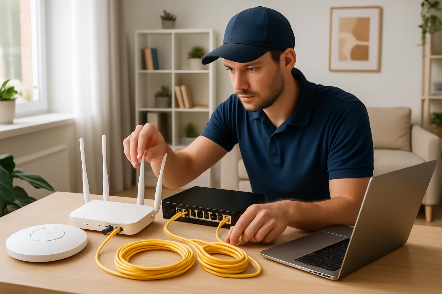 Computer networking technician setting up Wi-Fi and network equipment in Gold Coast home office