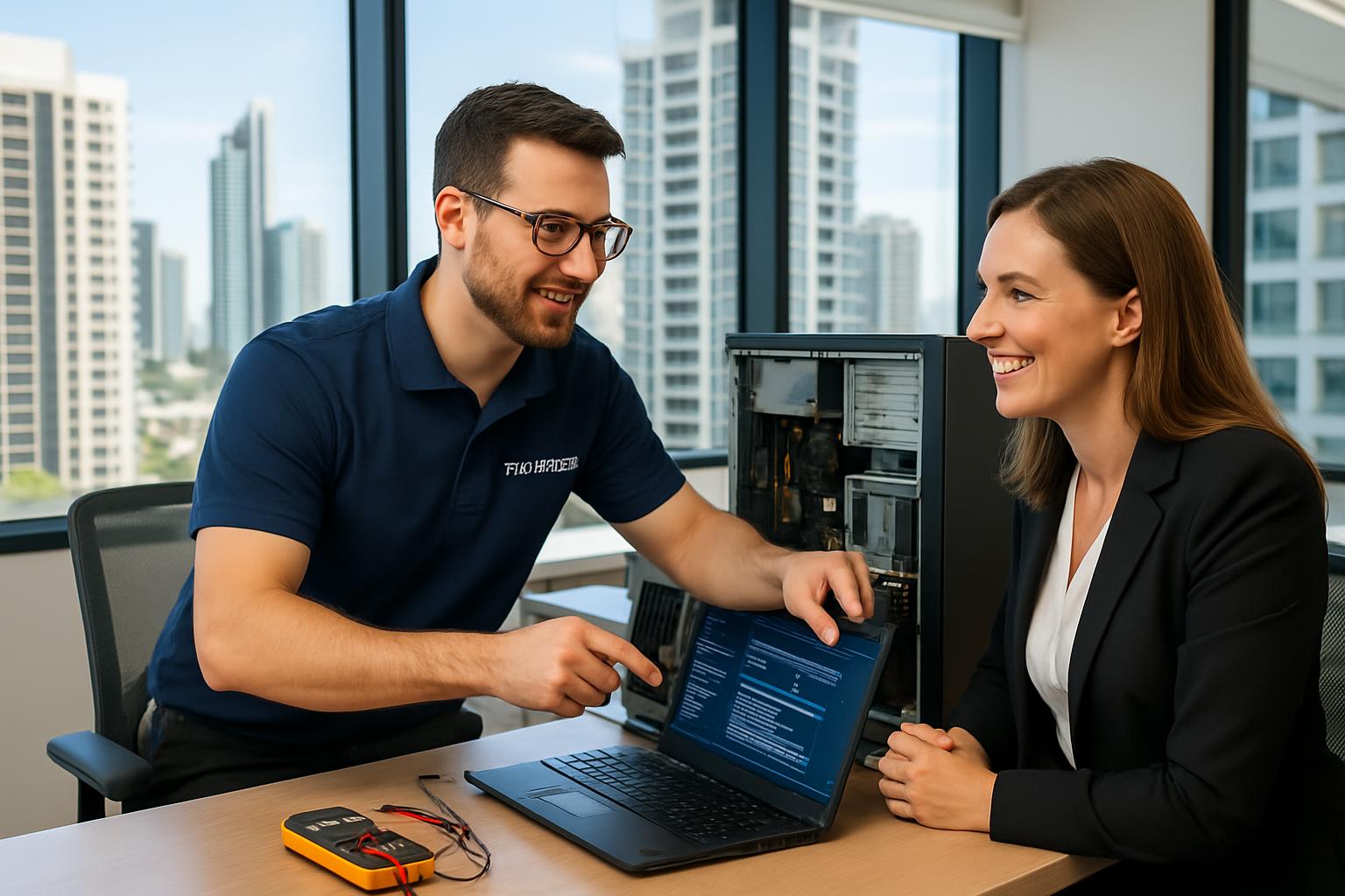 Professional IT technician providing computer repair service to Gold Coast business client