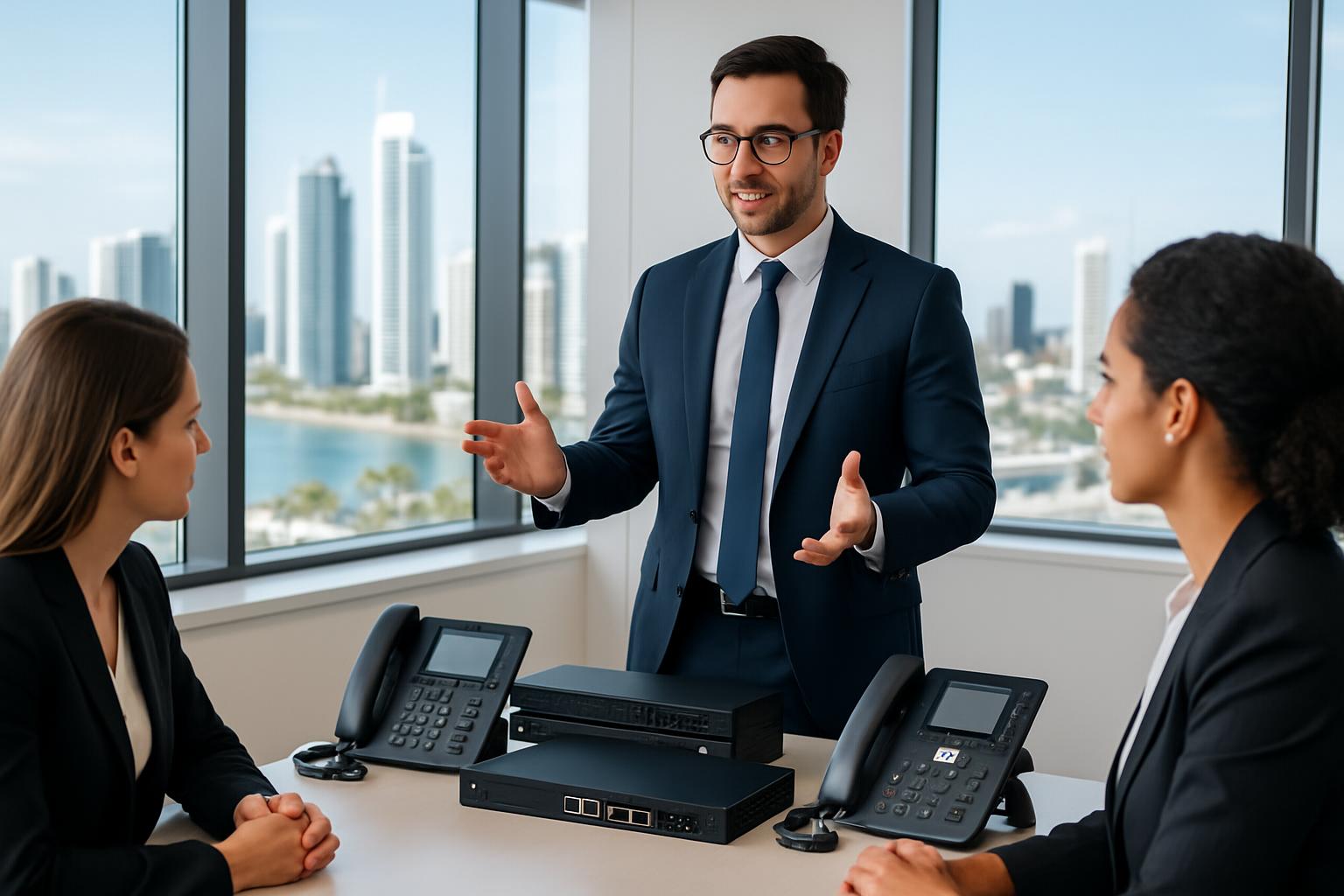 IT professional consulting with business client about telecommunications solutions in Gold Coast office