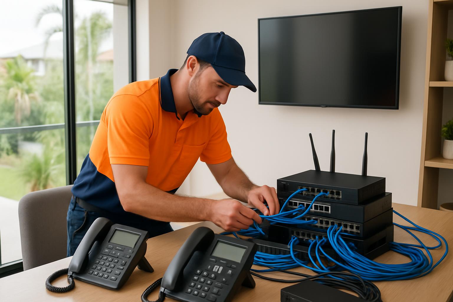 Professional technician installing telecommunications equipment in Gold Coast home office